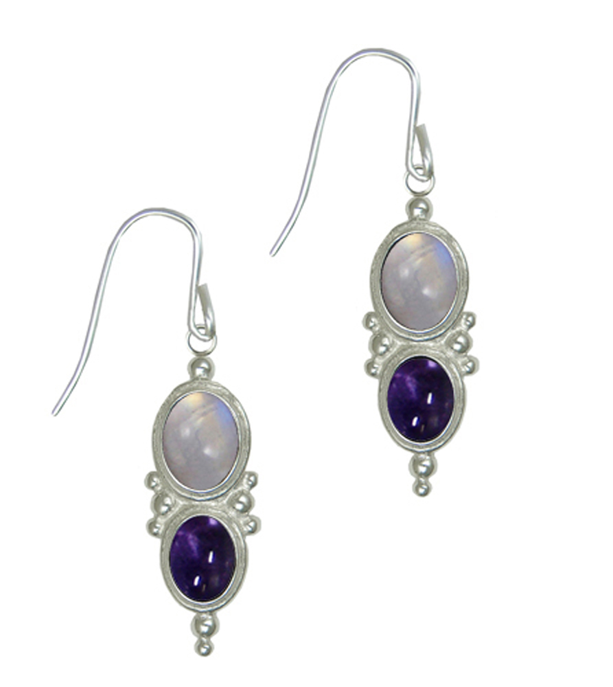 Sterling Silver Drop Dangle Earrings With Rainbow Moonstone And Iolite